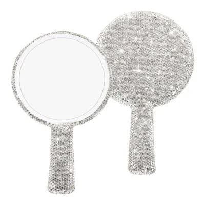 Unique Bargains Round Shape Bling ABS Makeup Travel Wedding Rhinestone Hand Mirror White