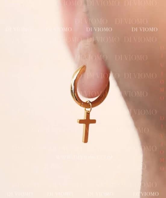 18K Gold Sterling Silver Cross Dangle Hoop Earring for Men