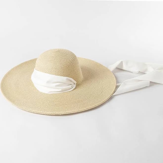 Women's Raffia Straw Ribbon Strap Wide Brim Sun Hat