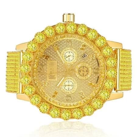King Crown Jewelers Men's Canary Iced Out Diamond Dial Solitaire Bezel