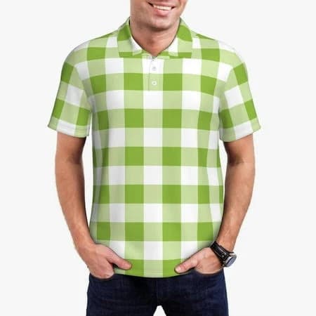 Rateoe White Green Plaid Pattern Men's Short Sleeve Polo Shirts, Golf Polo Shirts Short Sleeve Performance Moisture Wicking Dry-X-Large, Size: XL