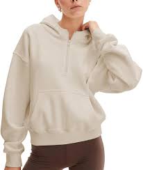 KISSQIQI Womens Casual Sweatshirts Half Zipper Hooded Sweatshirt Stylish Pullover Long Sleeve Top with Pocket Beige at Amazon Women's Clothing store