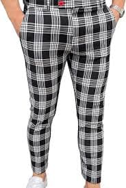 Maiyifu-GJ Men Plaid Business Chino Pants Classic Print Stretch Dress Long Pant Stylish Casual Flat Front Skinny Trousers (Black,Small) at Amazon Men's Clothing store