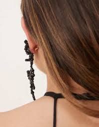 ASOS DESIGN drop-stud earrings in beaded double flower design in black | ASOS