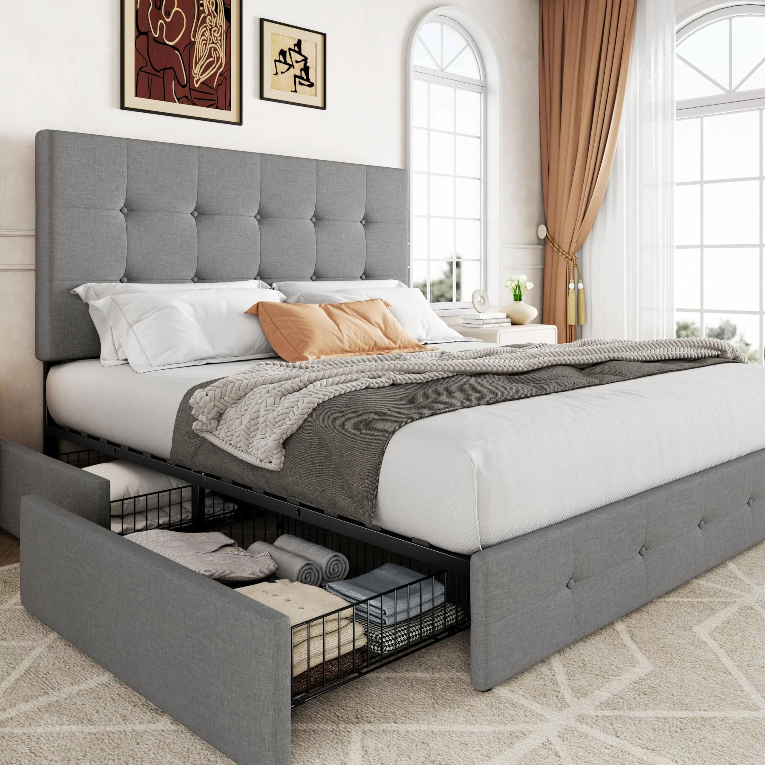 Allewie Size Platform Bed Frame with 4 Storage Drawers and Headboard/Upholstered
