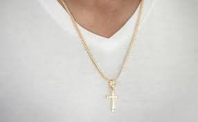 AndreAngel 18K Gold Melted Over Titanium Necklace for Men Cuban Type Chain Width: 4 mm Length: 25 inches with a Cross Pendant of 33 mm. Religious Gift for Christians Spiritual Meaning Design