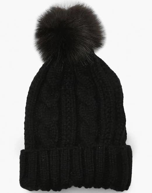 Boohoo Women's Cable Knit Faux Pom Beanie