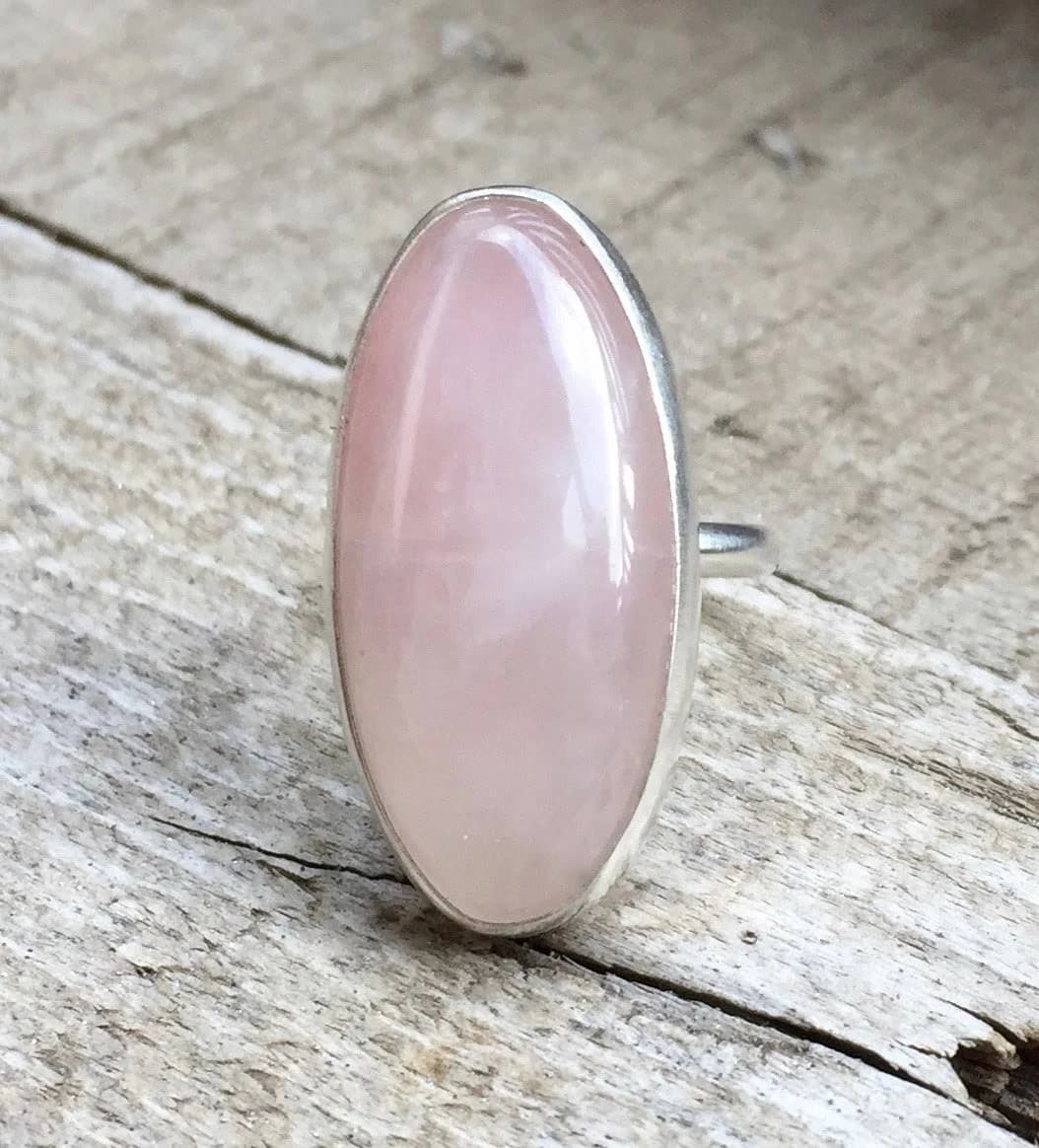 Oval Rose Quartz Elongated Statement Ring in Silver
