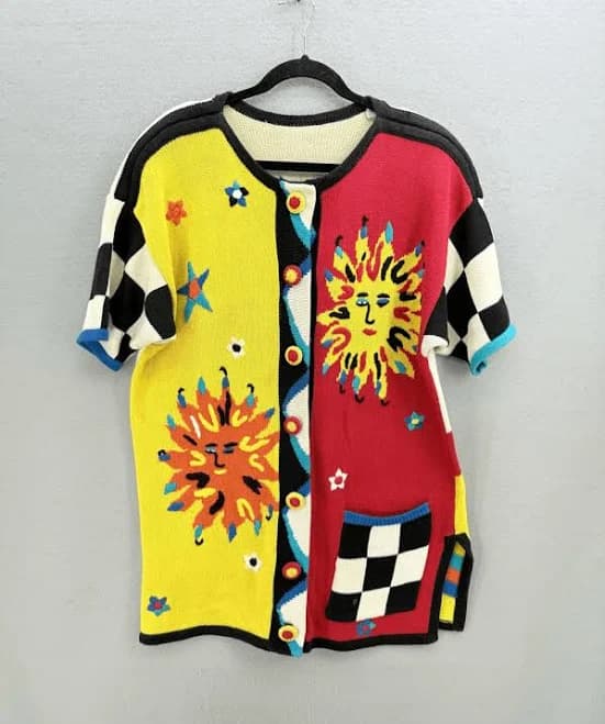 Vintage Allover Print Multicolor Knit Oversized Cardigan Sweater
