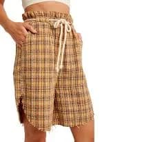 Plaid Textured Long Shorts with Curved Raw Edge & Drawstring