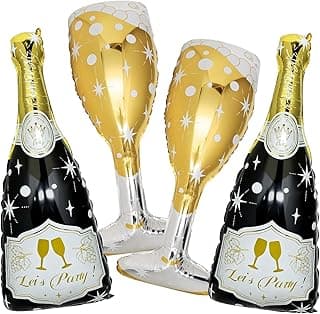 4 Pcs Champagne Balloons, Huge Black Gold Champagne Bottle Goblet Aluminum Foil Balloons for Birthday, Bachelorette, Graduation, Anniversary, 2026 New Years Eve Party Decorations Supplies