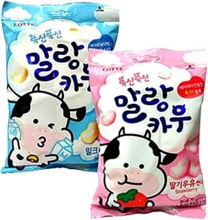Korean Lotte Soft Malang Cow Fresh Grade Milk & Strawberry Milk Chewy Candy (Pack of 2) (2.78oz)