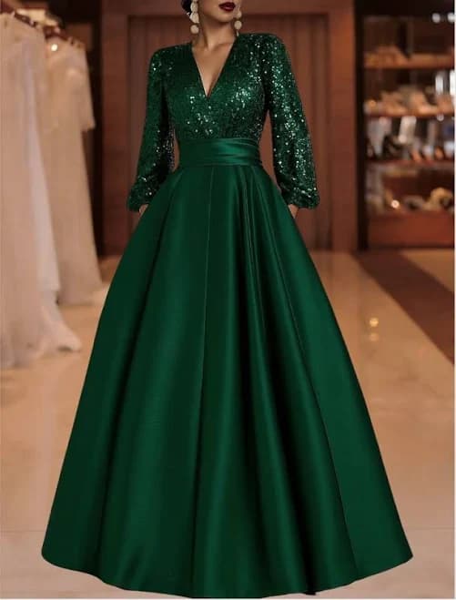 Sequin V-Neck Long Sleeve Floor-Length Maxi Gown