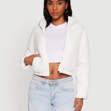 Womens Hooded Short Puffer Jacket, Ivory, Size L - Rainbow Shops