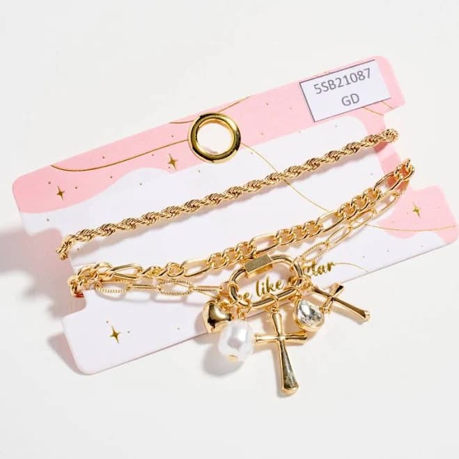 3-Piece Pearl Cross, Heart & Pearl Charm Bracelet Set