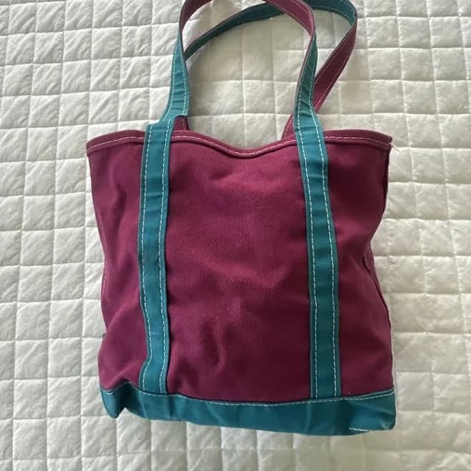 Vintage Ll Bean Boat & Tote Canvas Magenta Teal Medium Double Handle