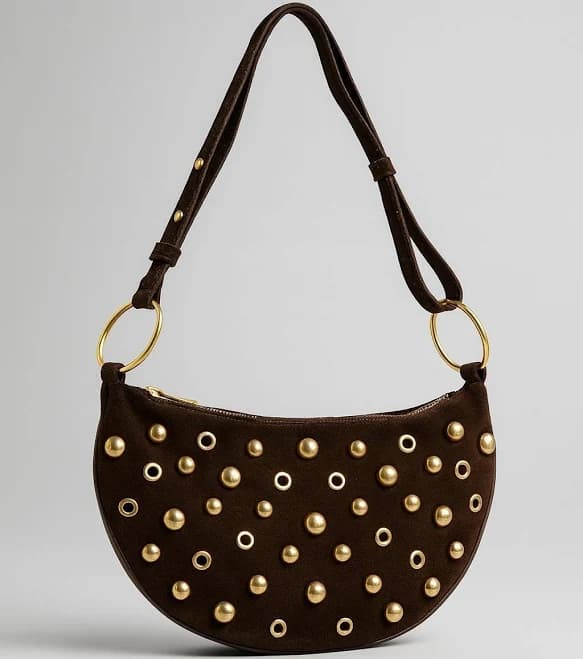 Boho Chic Suede Half Moon Purse with Gold Studs