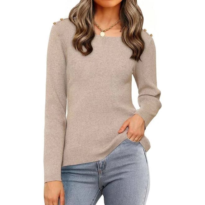 Ribbed Knit Sweater Top for Women Long Sleeve Crewneck Fitted Pullover Shirt, Women's, Size: Small, Camel