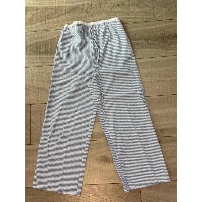 Blue White Striped Wide Leg Drawstring Waist Casual Pants Women Small