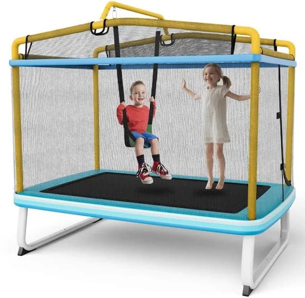 HONEY JOY 6 ft. 3-in-1 Yellow Kids Trampoline with Swing and Horizontal Bar Outdoor Indoor Rectangle Toddler Trampoline