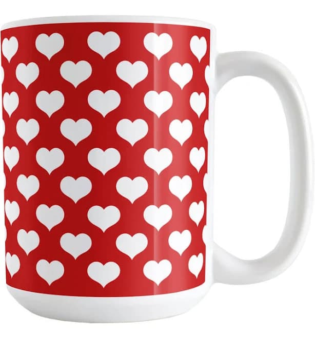 White Hearts Pattern Red Mug | Valentine’s Day Ceramic Mug 15oz