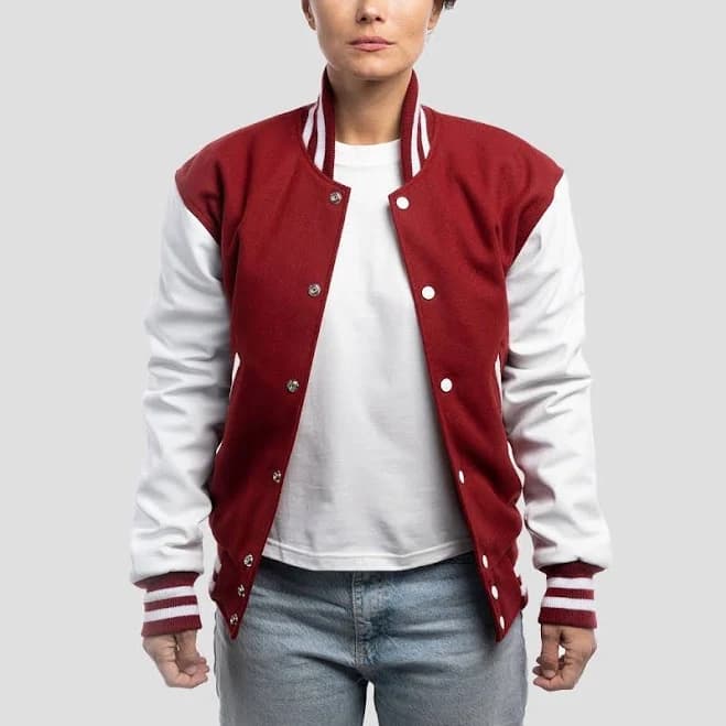 Women's Custom Cardinal Red Wool Body & Bright White Leather Sleeves Letterman JacketCardinal Red Wool Body & Bright White Leather Sleeves Letterman