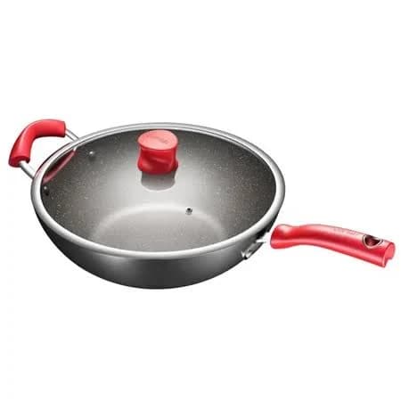 Supor Granite Non-Stick Wok 12.6 inch with Lid, Chinese Style Cooking Pan, Dishwasher Safe, Flat Bottom for Gas & Induction Stoves,Cooking, Black