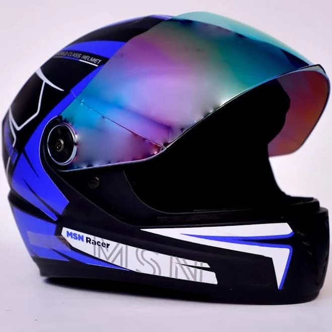 Deletion Blue Adien-1 Fullface Helmet with Rainbow Visor & Gloss Finishing | SML/XL | ABS | Polyester | 6 Months Manufacturer Warranty