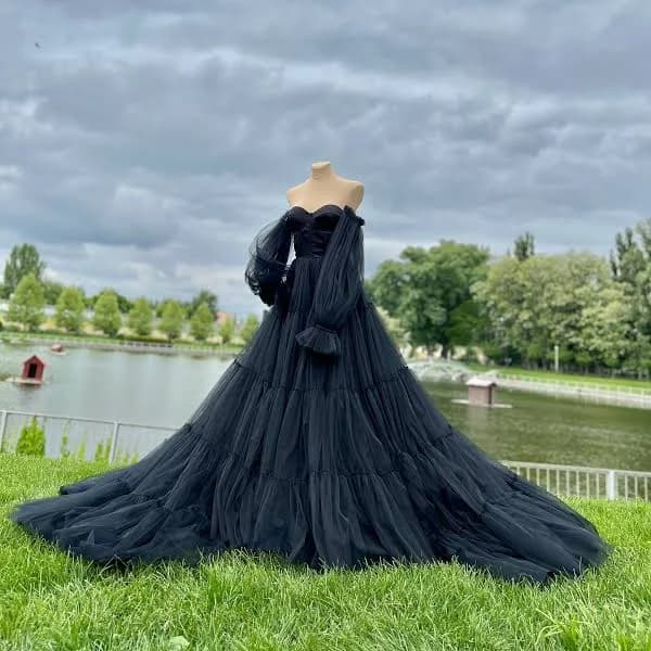 Gothic Satin Wedding Dress with Long Train and Puff Sleeves