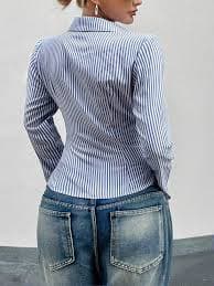 Chiquease French Style Slim Fit Long Sleeve Blue & White Striped Elegant Commuting Shirt For Women Fall Cloth For Women | SHEIN USA