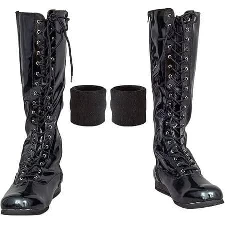 Pro Wrestling Lace up Costume Boots with Matching Wristbands Black, us_Footwear_Size_System, Adult, Men, Alpha, Medium, Medium, Men's