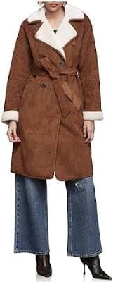 AVEC LES FILLES Women's Double Breasted Faux Shearling Belted Coat