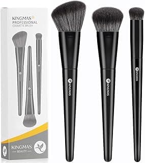 KINGMAS Foundation Makeup Brushes, 3Pcs Kabuki Contour Concealer Makeup Brush, Vegan & Cruelty-Free, Synthetic Cosmetic Under Eye & Blusher Face Brush (Black)