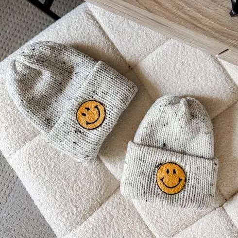Handmade Kids Double Knit Fold-Up Brim Smiley Face Beanie