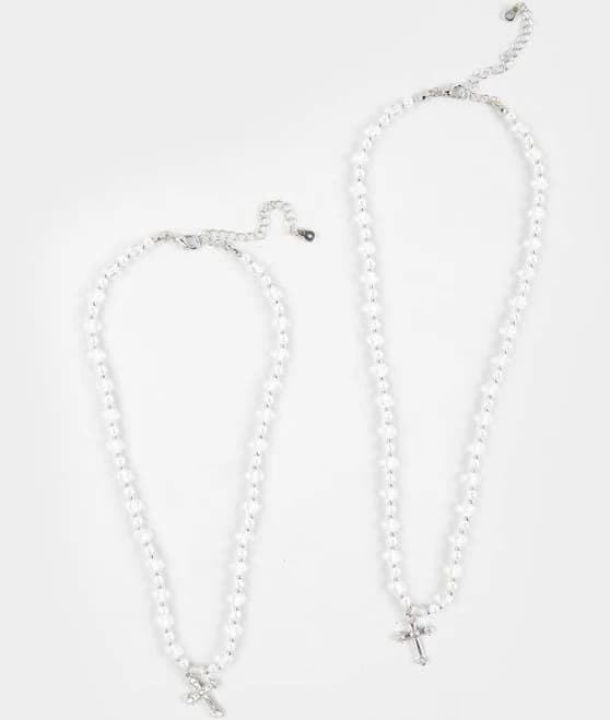 Full Tilt Beaded/pearl Layered Cross Necklace - Silver - One Size