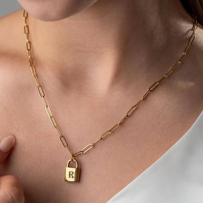 Personalized Engraved Initial Lock Necklace