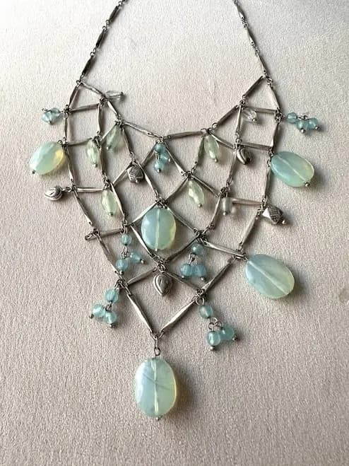 Vintage Boho Bib Statement Necklace Silver & Blue Stones Teardrop