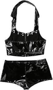 Amazon.com: ChICTRY - 2 piezas de piel de charol con aspecto mojado, sin mangas, sin mangas, con boishorts, XXL, Negro : Ropa, Zapatos y Joyería