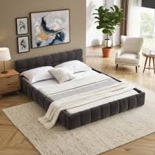 Homy Casa Modern Low Profile Platform Bed Velvet Upholstery Dark Gray with Vertical Channel Headboard in the Beds department at Lowes.com