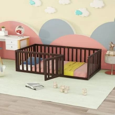 Montessori Twin Floor Bed with Fence and Door