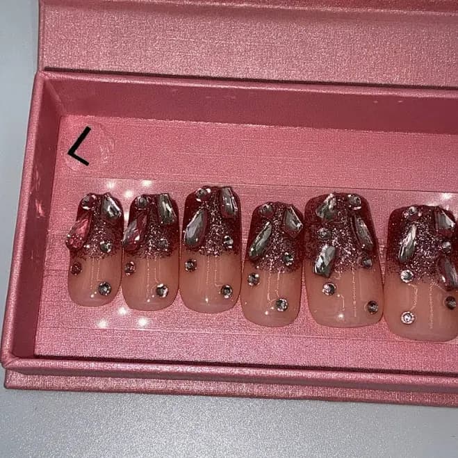Handmade Pink Glitter Press On Nails Rhinestone Square Medium Luxury