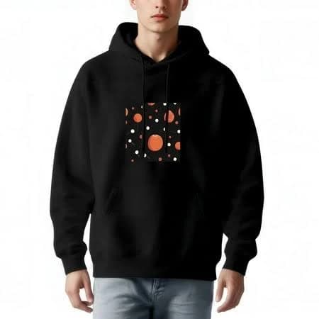 YIDUO Men's Loose Fit Hoodie - Long Sleeve Pullover Sweatshirt with Front Pocket Abstract Orange & White Circle Design on Black, Size: Large