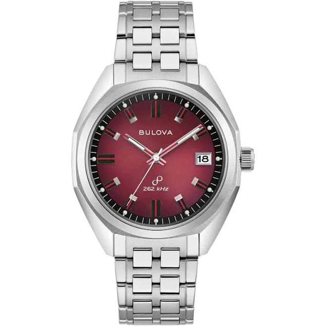 40mm Men's Bulova Jet Star Watch with a Red Dial and Silver-Tone Bracelet