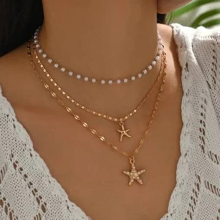 Nicksun Layered Shell Necklace for Women, 14K Gold Plated Charm Seashell Starfish Charm Necklace Stack Dainty Gold Summer Necklaces Cute Waterproof