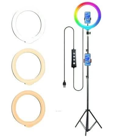 Zomei 10 inch RGB Ring Light w/63 inch Stand, Dimmable LED for Selfie/Makeup/Live, USB Powered, Phone Stand & Clamp, Portable, Black