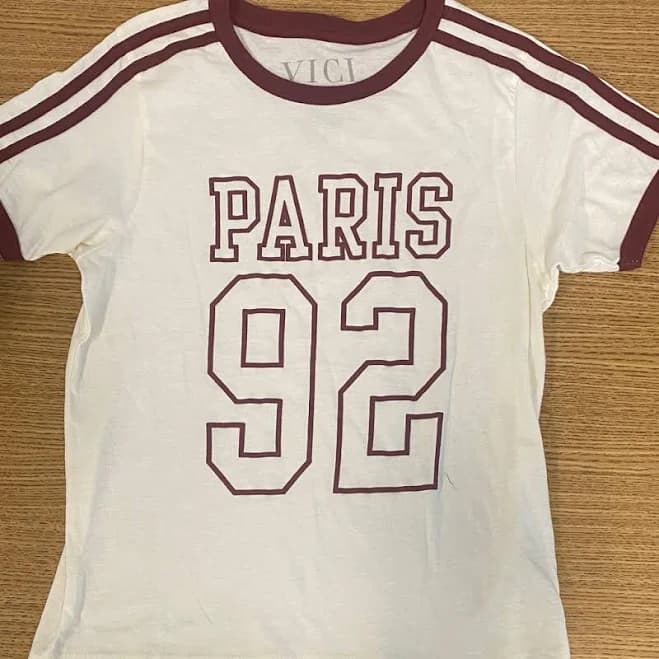 Vici Tops | Vici White Tee With Maroon Ringer Trim & Paris 92 Graphic | Color: Red/White | Size: M | Cwcga's Closet