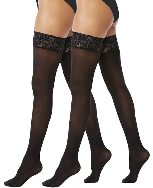 Joyspun Women's 2-Pack Opaque Lace Top Thigh High Stockings
