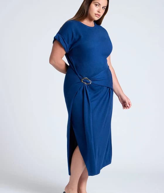ELOQUII Women's Plus Size Rolled Sleeve Midi Dress with Buckle