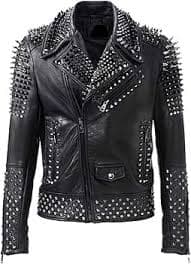 Leder Fashions Men's Cafe Racer Studded Biker Leather Jacket - Spiked Studs Punk Style Designer Jacket for Men Black at Amazon Men's Clothing store
