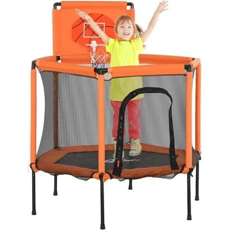 48 inch Trampoline for Kids, Toddler Trampoline with Safety Enclosure Net, Basketball Hoop, Mini Trampoline Indoor Outdoor for Ages 3-6, Gifts for